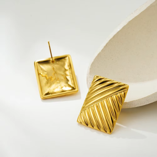Textured Geometric Square Earrings Plated in 18K Gold