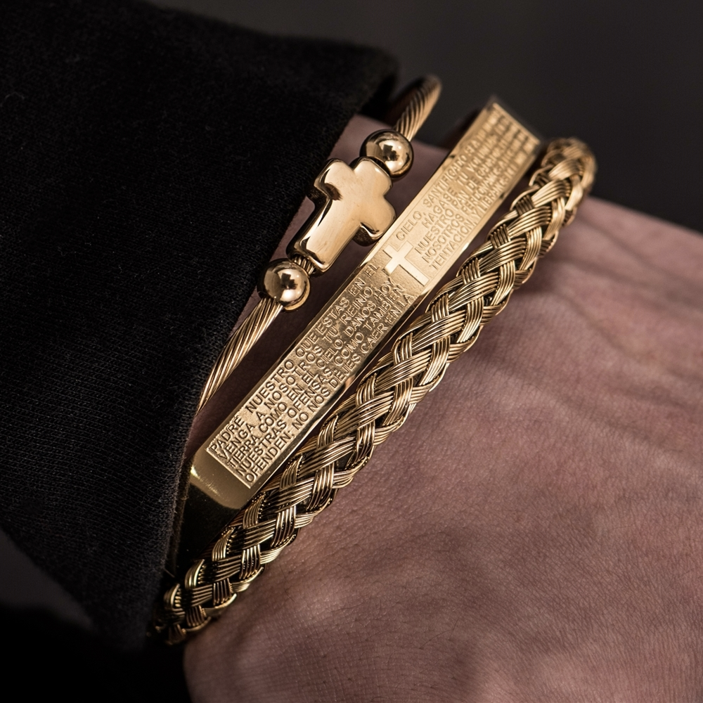 Roman Bracelet with Crucifix and Our Father Inscription in 18K Gold Plating