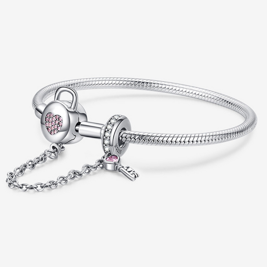 Charm Bracelet with Heart Clasp and Safety Lock - 925 Silver